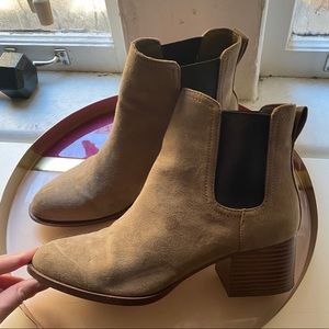 Faux suede camel heeled ankle boots